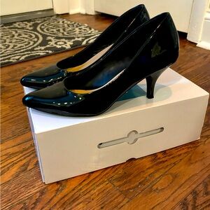 Patent black leather heels